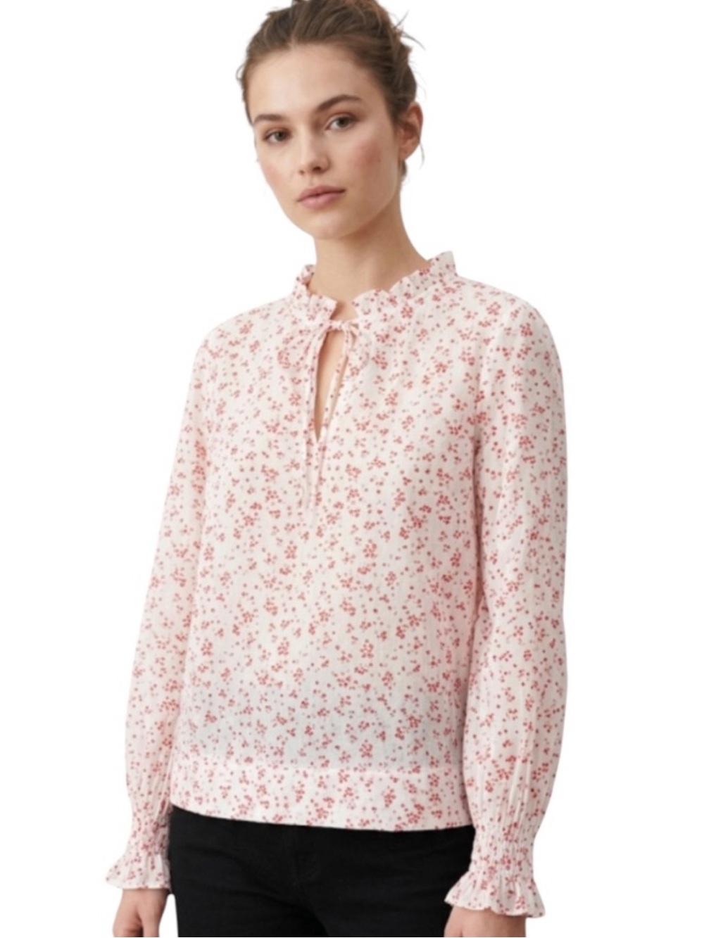 GANNI Georgette Ruffled Sheer Floral Blouse Red White 36 US 4
S